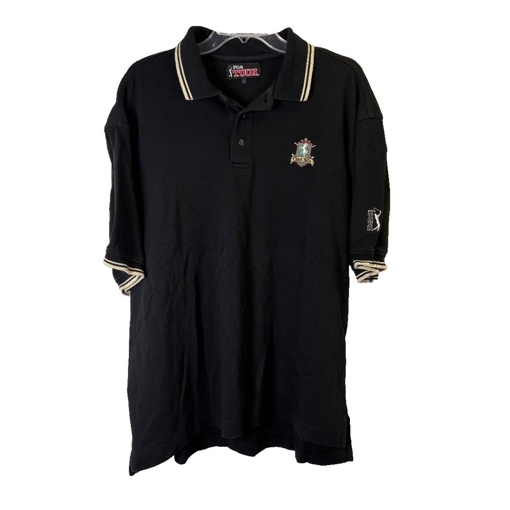 PGA Tour Golf Polo Shirt Black Men's Size L Chart Hills Crest on left chest